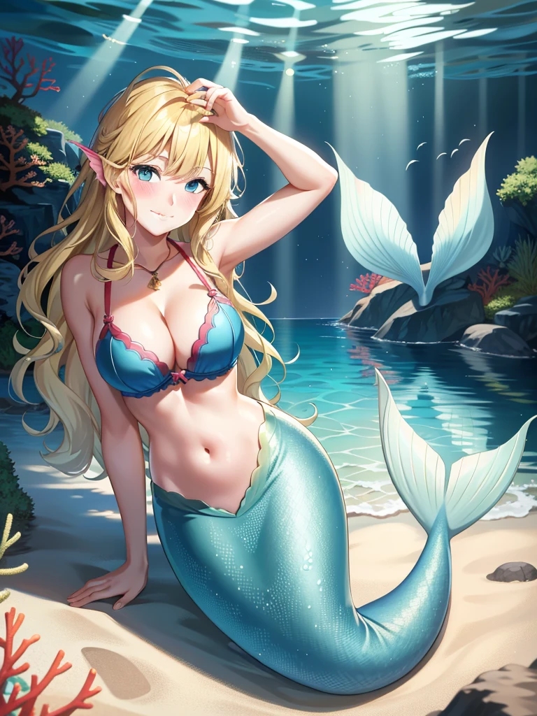 1mermaid, blonde hair, long hair, wavy hair, blue eyes, red lips, smile, blush, large breasts, bra, underwater sea, fish, coral, green mermaid, mermaid tail, 