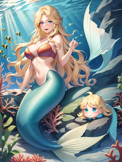 1mermaid, blonde hair, long hair, wavy hair, blue eyes, red lips, smile, blush, large breasts, bra, underwater sea, fish, coral,...