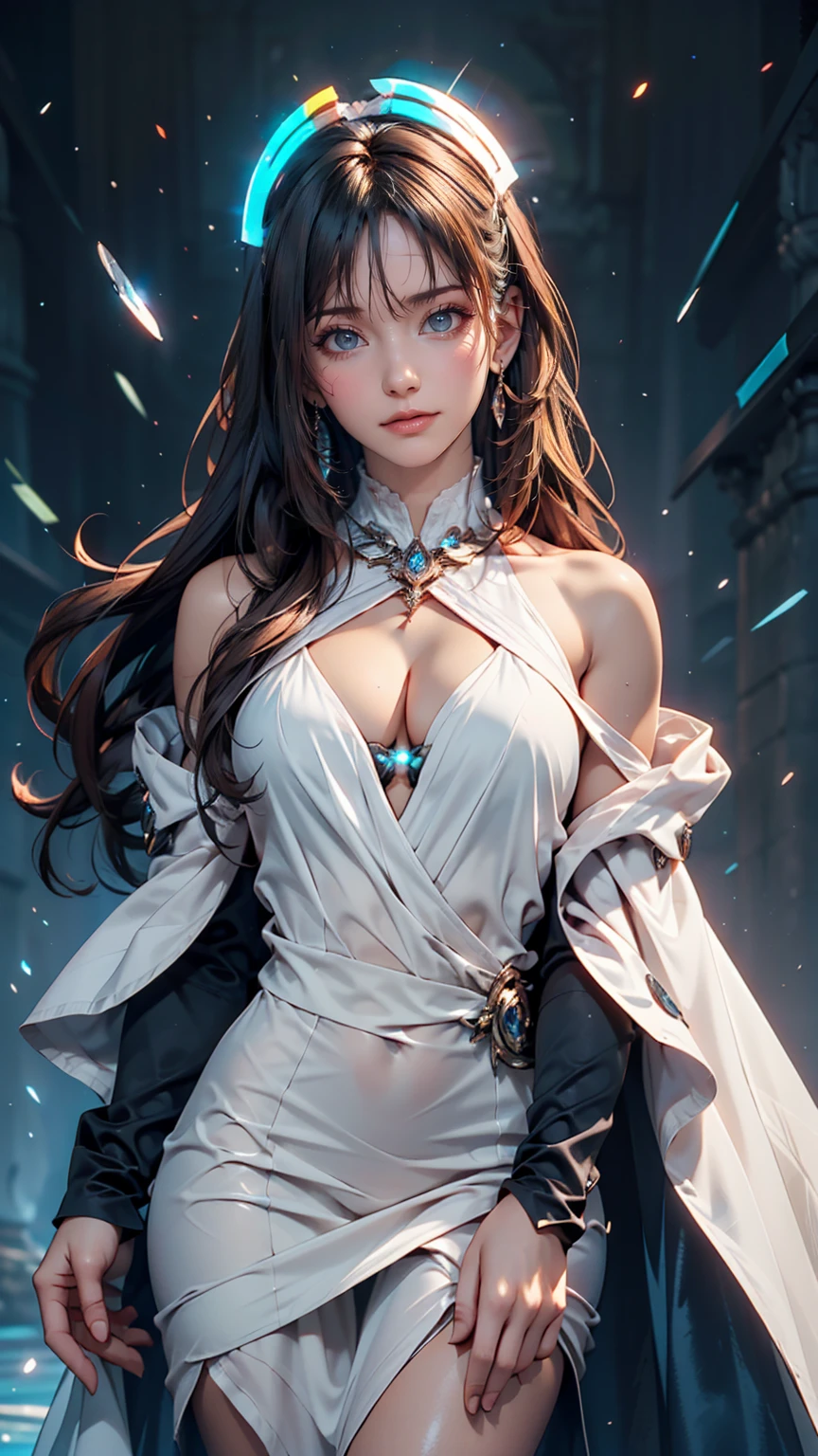 masterpiece, Highest quality, Julia Fe,  One girl, alone, Long Hair, View your viewers, blush, smile, Negative Space, (Bioluminescence:1.2), darkness, Dark Background, Long sleeve, dress, Exposing shoulders, Medium chest, very Long Hair, Wide sleeves, Cape, white dress, Circlet