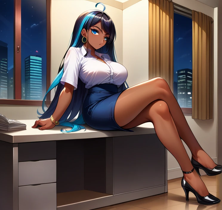 score_9, score_8_up,score_7_up, source_anime, 1girl, solo, EPpkNessa, blue eyes, black hair, blue hair, streaked hair,, dark skin, dark-skinned female, necklace, ear piercing,bottonup shirt,high-waist skirt,pantyhoes,heels,office, at a dark room, at night , city view from the window, gyaru,Very Long Hair,Ahoge, 