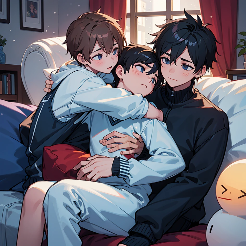 Two boys are inlove with eavh other, they are cuddling on the sofa while making out, and its warm and comfy inside while its snowing outside and theres also a built snowman outside