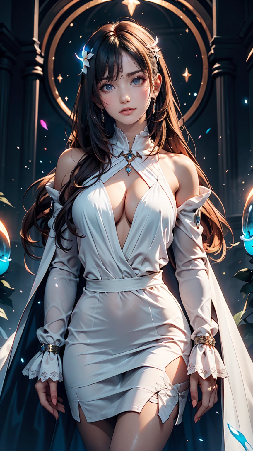 masterpiece, Highest quality, Julia Fe, One girl, alone, Long Hair, View your viewers, blush, smile, Negative Space, (Bioluminescence:1.2), darkness, Dark Background, Long sleeve, dress, Exposing shoulders, Medium chest, very Long Hair, Wide sleeves, Cape, white dress, Circlet