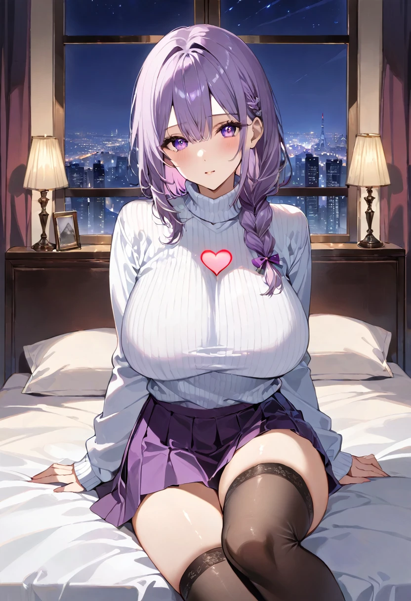 masterpiece, best quality, ultra detailed, detailed eyes, sparkling eyes, (nsfw), huge breasts, The image depicts a young woman sitting on a bed in a cozy, dimly lit room. She has shoulder-length, wavy lavender hair with a small braid on one side, and she is gazing softly at the viewer with her large, expressive purple eyes. Her complexion is fair, and she has a gentle, warm expression on her face, highlighted by a slight blush on her cheeks. She is wearing a white, long-sleeved turtleneck sweater with a hole in the shape of a heart in the chest, which complements her modest yet stylish appearance. Her outfit includes a dark purple pleated skirt, paired with black stockings that add a touch of elegance to her look. In the background, the room is dimly illuminated by a lamp on a nightstand, casting a soft glow. Through the window behind her, city lights can be seen twinkling against the night sky, suggesting that the setting is an urban environment. A few books are placed on the bed next to her, adding to the cozy and intellectual atmosphere of the scene. Overall, the image conveys a sense of warmth, comfort, and serenity, with the young woman exuding a calm and inviting presence.