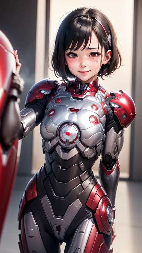 highest quality　8k iron man suit girl　elementary school girl　sweaty face　cute smile　short hair　boyish　steam coming from the head...