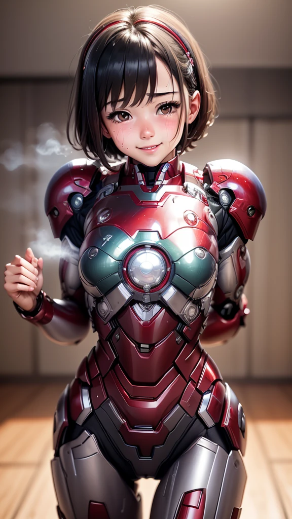 Highest quality　8k Iron Man Suit Girl　Elementary school girl　Sweaty face　Cute Smile　short hair　boyish　Steam coming from the head　My hair is wet with sweat　Black Hair