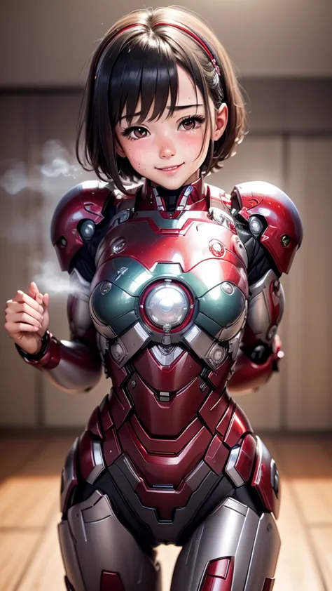 Highest quality　8k Iron Man Suit Girl　Elementary school girl　Sweaty face　Cute Smile　short hair　boyish　Steam coming from the head...