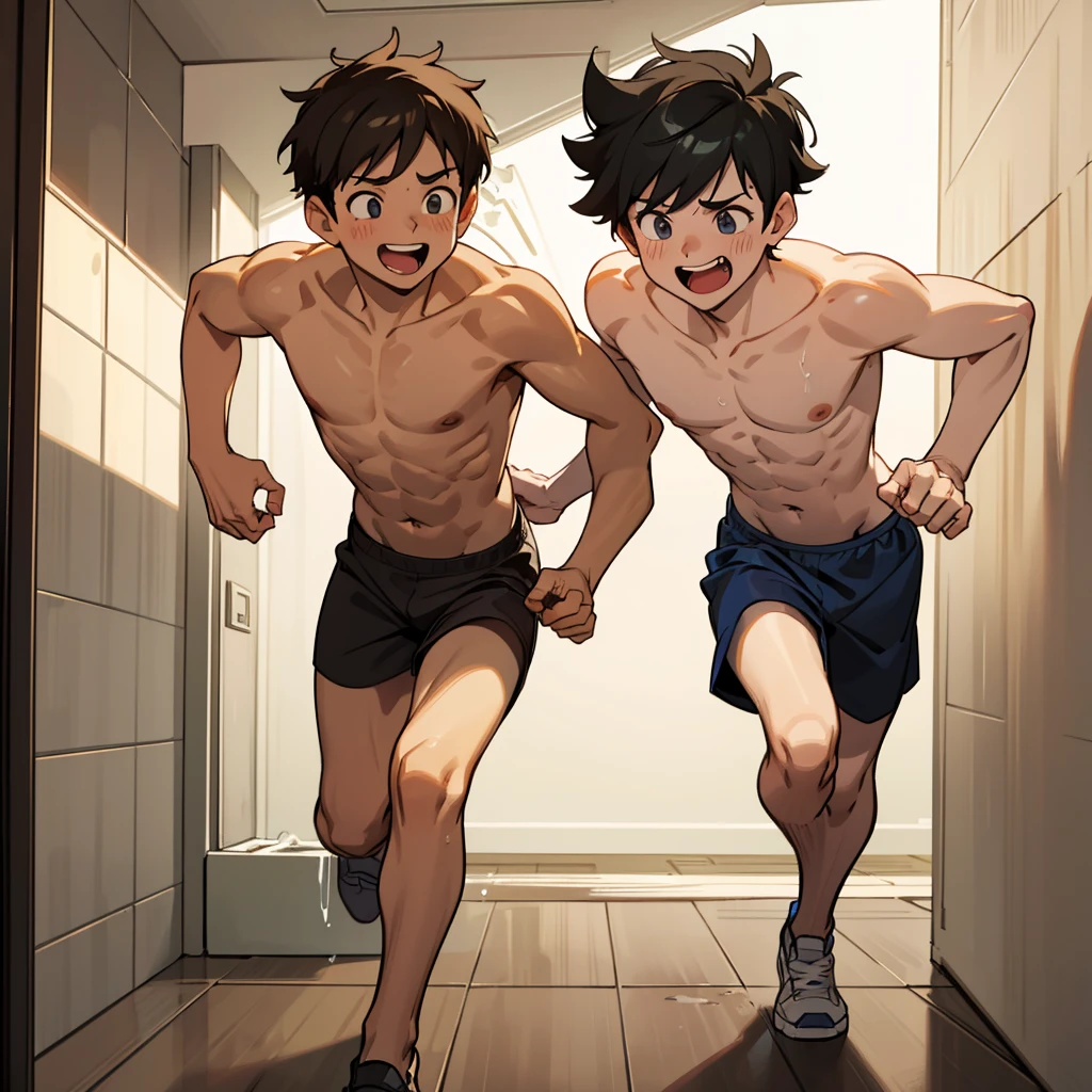 A boy running away from his boyfriend that is shirtless while they are laughing and the two of them are shirtless and he doesnt wanna go to shower