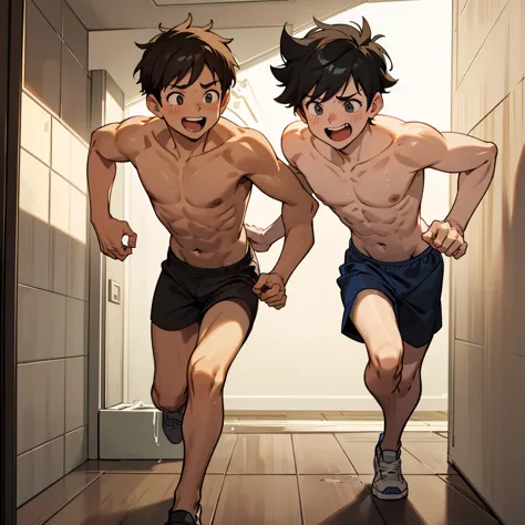 a boy running away from his boyfriend that is shirtless while they are laughing and the two of them are shirtless and he doesnt ...