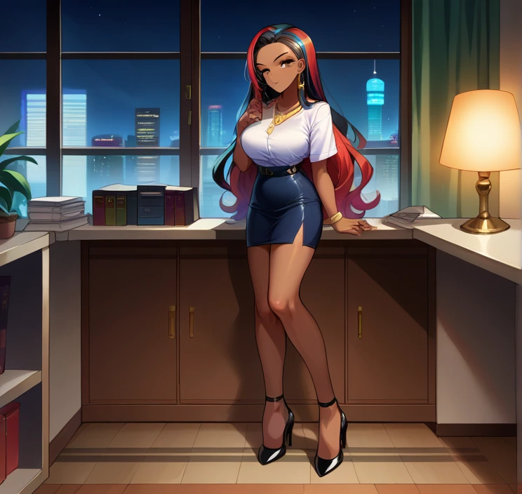 score_9, score_8_up,score_7_up, source_anime, 1girl, solo, EPpkNessa, gold eyes, black hair, red hair, streaked hair,, dark skin, dark-skinned female, necklace, ear piercing,bottonup shirt,high-waist skirt,pantyhoes,heels,office, at a dark room, at night , city view from the window, gyaru,Very Long Hair,Hair Slicked Back, 