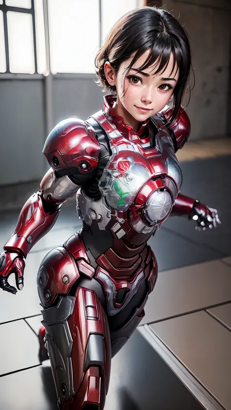 Highest quality　8k full body red armor　Iron Man Suit Girl　Elementary school girl　Sweaty face　Cute Smile　short hair　boyish　Steam ...