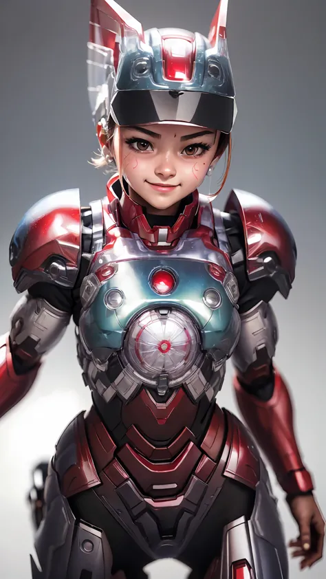 Highest quality　8k full body red armor　Iron Man Suit Girl　Elementary school girl　Sweaty face　Cute Smile　short hair　boyish　Steam ...