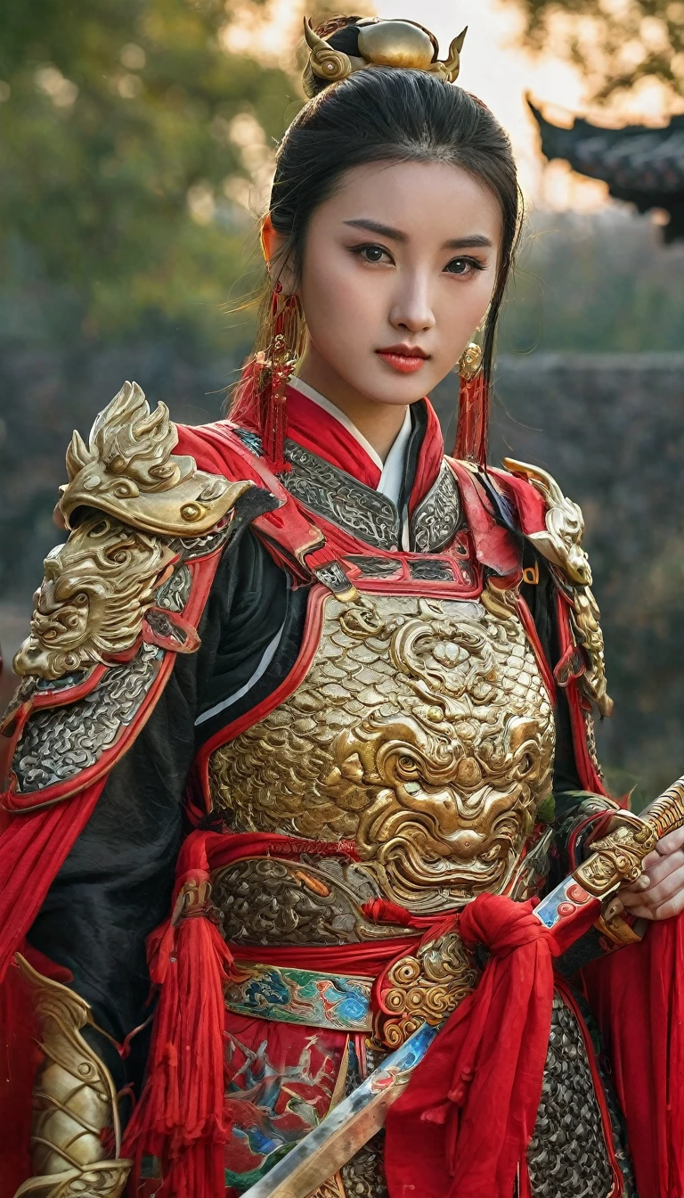 Hold the sword with both hands,Front view, Full-body,  on ground , ancient Chinese girl, 2 century, looking at viewer, beautiful Chinese  Young General,  girl is 26 years old, (Highly detailed face, Black hair, middle hair ,Brown eye, Variegated eyes, Ordinary eyes,  Tapered eyebrows,  Fuller lips, little Lips, sylas), (ears decoration earring), (middle breasts, middle hip), (ancient Chinese costume, Red decoration leather armor emboss armor of dragon ,  leather inner clothes,  put shoulder Red Cloak ),(ancient Chinese shoes),   (a ancient Chinese sword ,  beautiful sword, metallic bright sword), standing in Chinese Palace, near Garden, sunset ,(masterpiece, Highest quality, masterpiece, God-like quality, Godly art, , Very realistic)