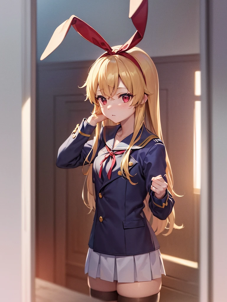 (masterpiece, best quality, highly detailed, ultra detailed, high resolution, absurdres, 4K, 8K:1.2), 
BREAK,shimakaze uniform:1.5, 10 years GIRL,Blonde_HAIR,RED eyes,(RED Ribbon on HAIRband:1.2)