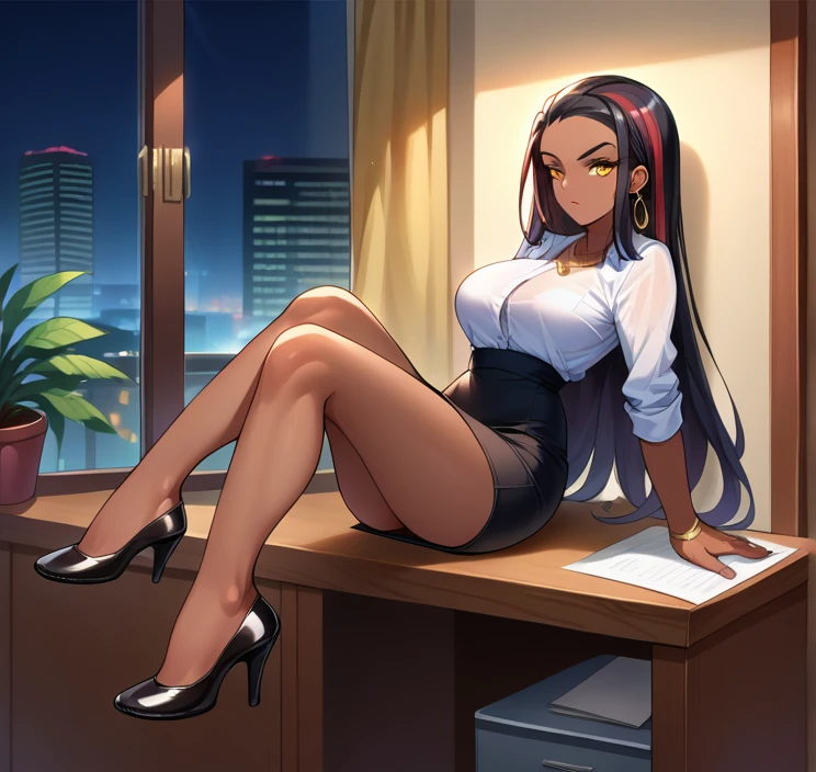 score_9, score_8_up,score_7_up, source_anime, 1girl, solo, EPpkNessa, gold eyes, black hair, red hair, streaked hair,, dark skin, dark-skinned female, necklace, ear piercing,bottonup shirt,high-waist skirt,pantyhoes,heels,office, at a dark room, at night , city view from the window, gyaru,Very Long Hair,Hair Slicked Back, 