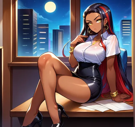 score_9, score_8_up,score_7_up, source_anime, 1girl, solo, eppknessa, gold eyes, black hair, red hair, streaked hair,, dark skin...