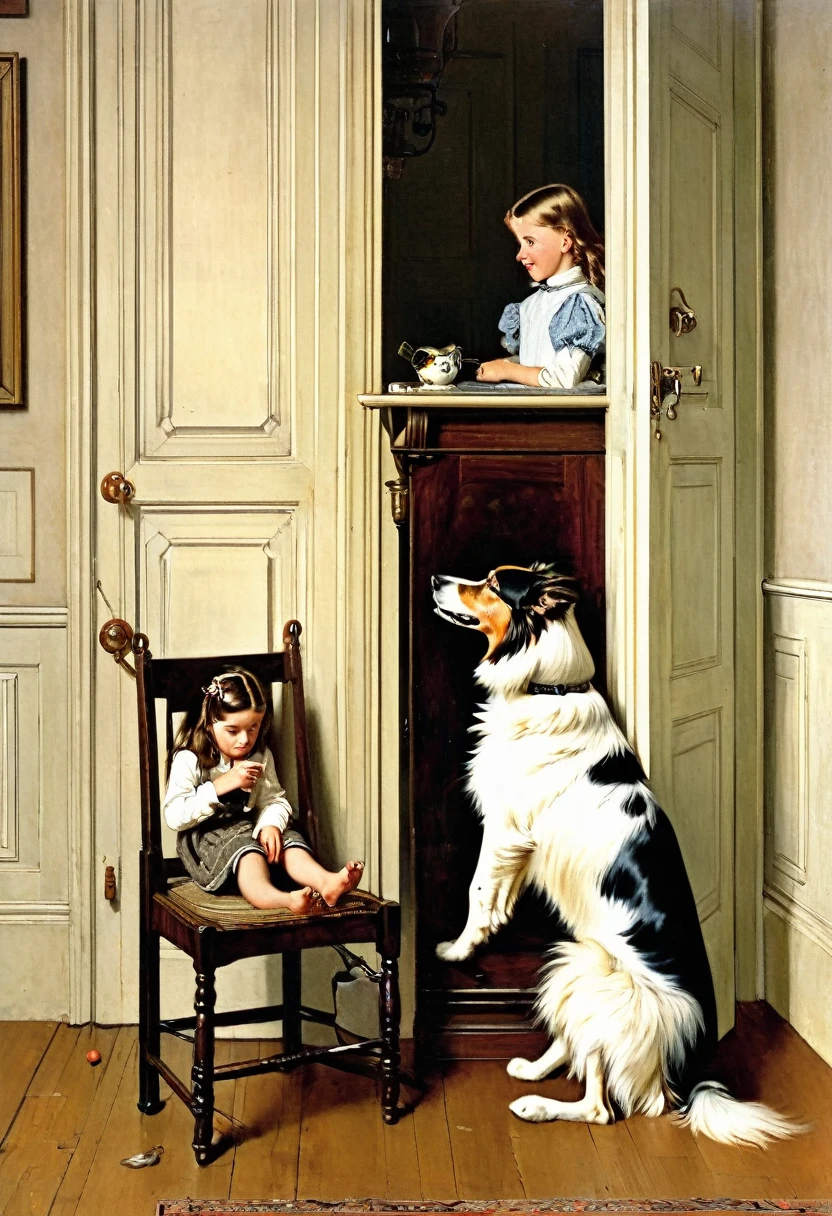 A  stands on a chair and opens a secret door in a cupboard on the wall, a collie dog stands beside her, resting its front paws on a chair on which the girl and dog are playing with a birdcage, Frederick Goodall, Norman Rockwell, George Goodwin Kilburn, Norman Rockwell, Charles Barton Barber, John Collier, John Crawford Brown, Antonio Cicieri, Adolph Willett, Frank Montague Moore, Victorian painting, Jean-Leon Jerome.