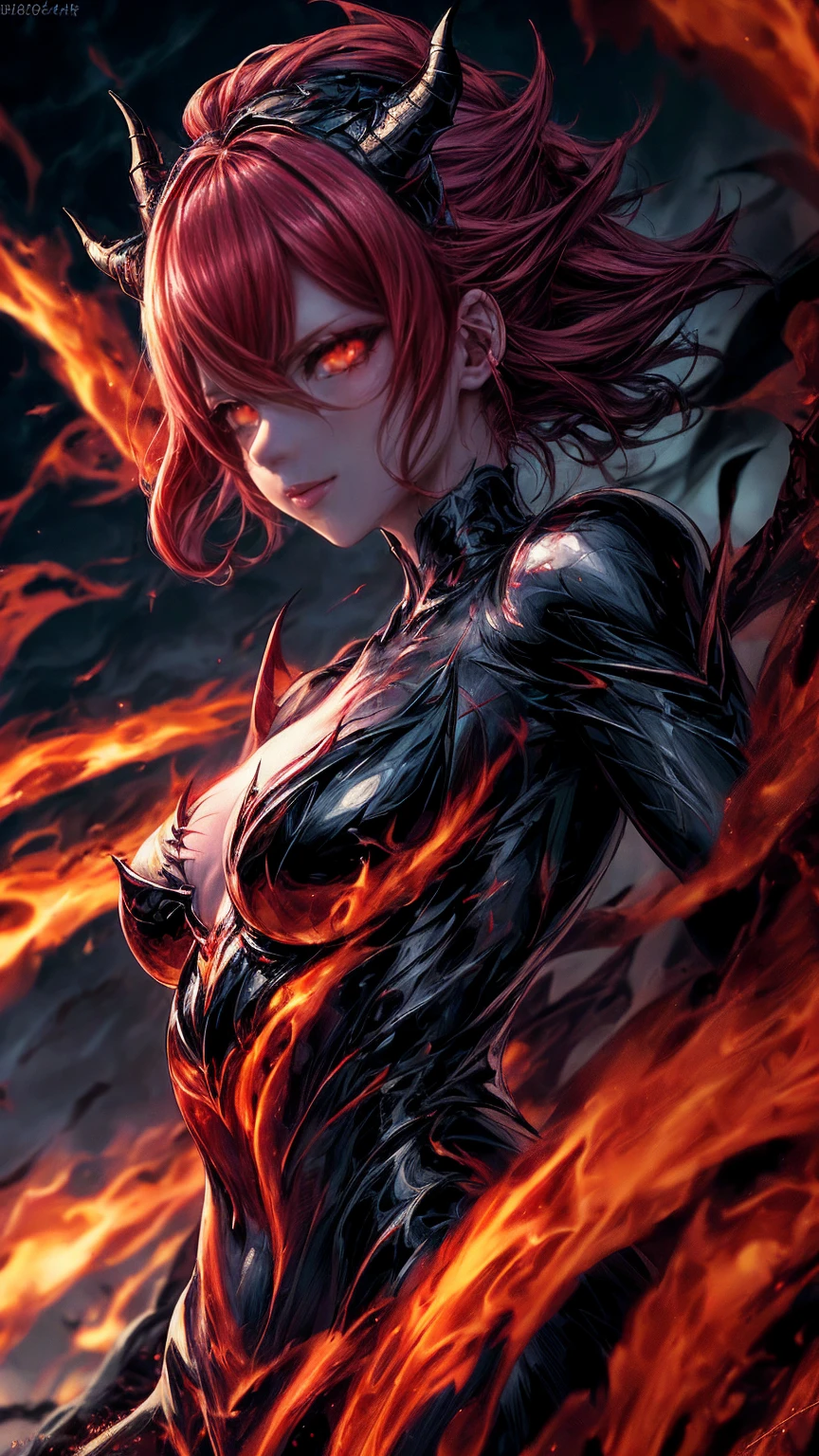 Storyboard, masterpiece, highest quality, dragonlady queen, perfect demoness, bright red glowing eyes, detailed eyes (1.4), scars on face, villainous expression, flaming skin body with bioluminescent glowing pattern, ready for battle, blurred stormy background, dark atmosphere, lighting in background,full body,