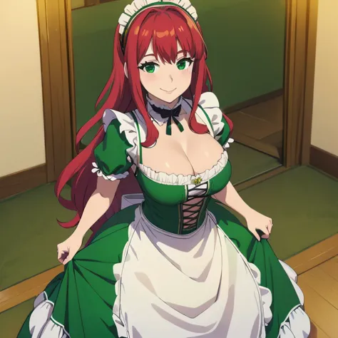 solo, cleavage, victorian maid dress, long dress, green leotard, long hair, red hair, green eyes, smile, blush, happy face, ultr...