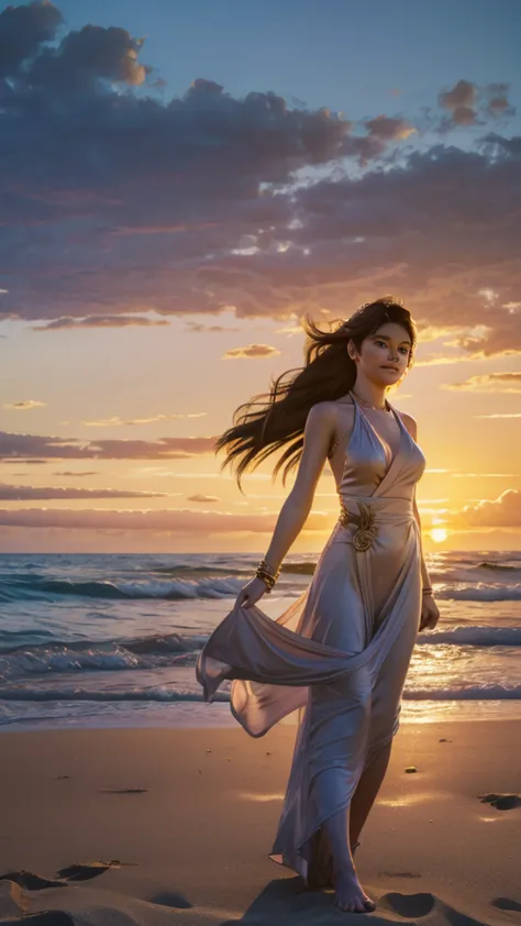 design a beautiful, detailed digital artwork featuring a young woman with long, flowing hair, standing on a sandy beach during s...