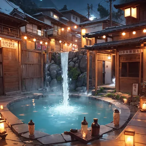 (masterpiece、highest quality)、(japan favelas、old and dirty hot spring town)、((beautiful night view))、((underground hot spring fa...