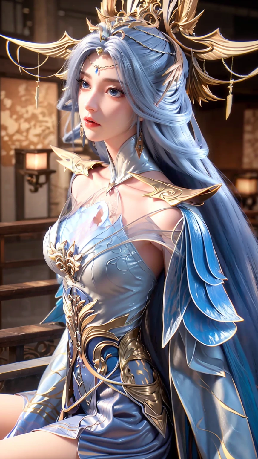 A beautiful woman with long, flowing blue hair and blue eyes sitting on a throne, wearing an elegant dress, in a cute anime-style setting. The image is high-quality, detailed, and masterfully rendered, with vivid colors and a sense of magic and fantasy. The character has been designed with great attention to detail, with a focus on her beautiful facial features, including her eyes, nose, and lips. The scene has a dreamlike, whimsical quality, with a touch of anime influence. The overall style is a combination of CGSTATION trends, Artgerm's meticulous attention to detail, and the enchanting aesthetics of WLOP and Sakimichan.