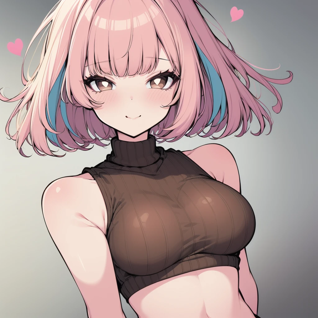 Beautiful girl, pastel colors, pastel pink hair, bob haircut, flirty, cute, brown eyes, fluffy hair, wearing a colorful crop top, cheeky, seductive, heart, sweater