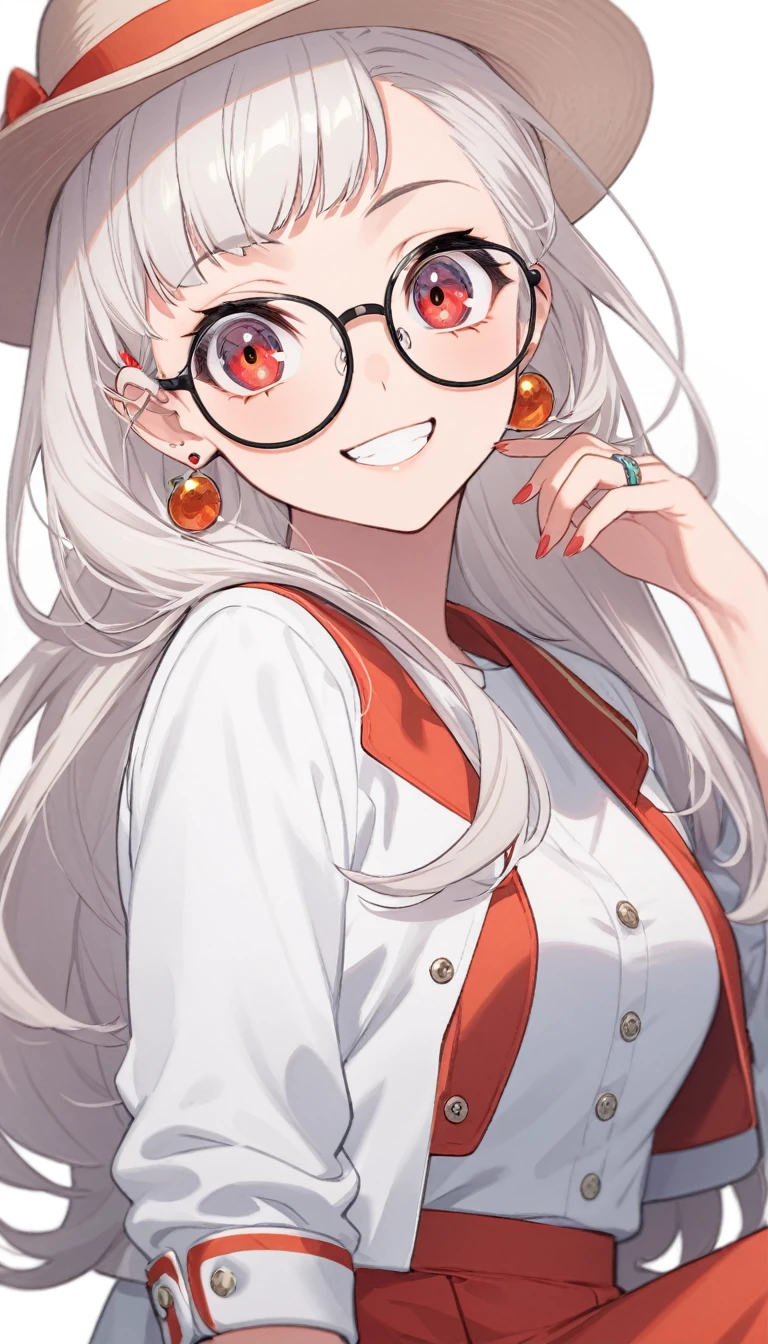 One girl, alone, Long Hair, View your viewers, smile, bangs, 青色のJacket, Red pastel skirt、Red eyes,White hair in the eye、Beautiful eyes that shine、Boater hat、jewelry, Sitting, Jacket, Upper Body, Silver Hair、 earrings, Glasses, teeth, Grin, open Jacket, Earrings, sunGlasses, ring, ear Earrings,色付きGlasses, White Background、White background,Umaibo、Candy