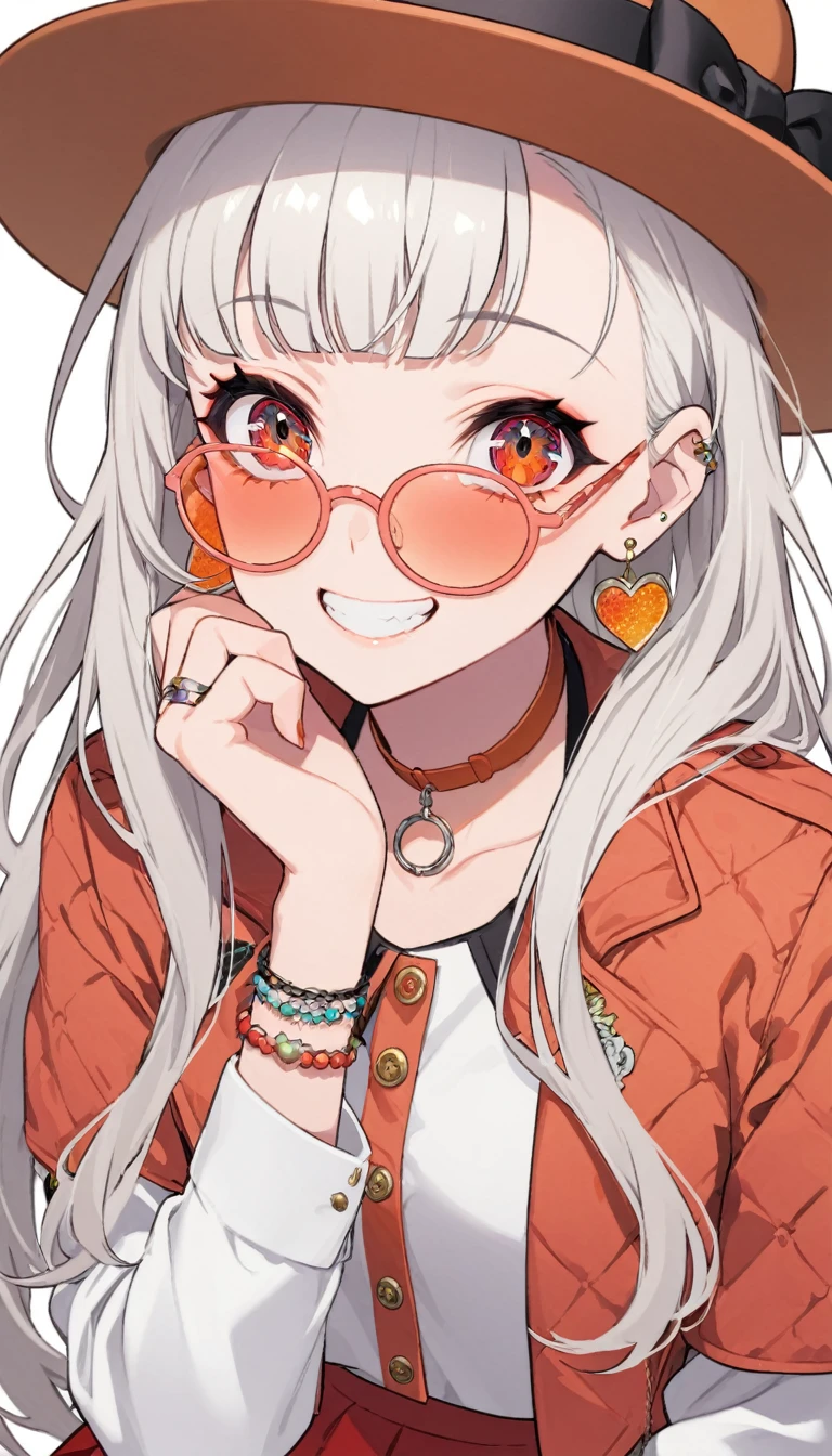 One girl, alone, Long Hair, View your viewers, smile, bangs, 青色のJacket, Red pastel skirt、Red eyes,White hair in the eye、Beautiful eyes that shine、Boater hat、jewelry, Sitting, Jacket, Upper Body, Silver Hair、 earrings, Glasses, teeth, Grin, open Jacket, Earrings, sunGlasses, ring, ear Earrings,色付きGlasses, White Background、White background,Umaibo、Candy