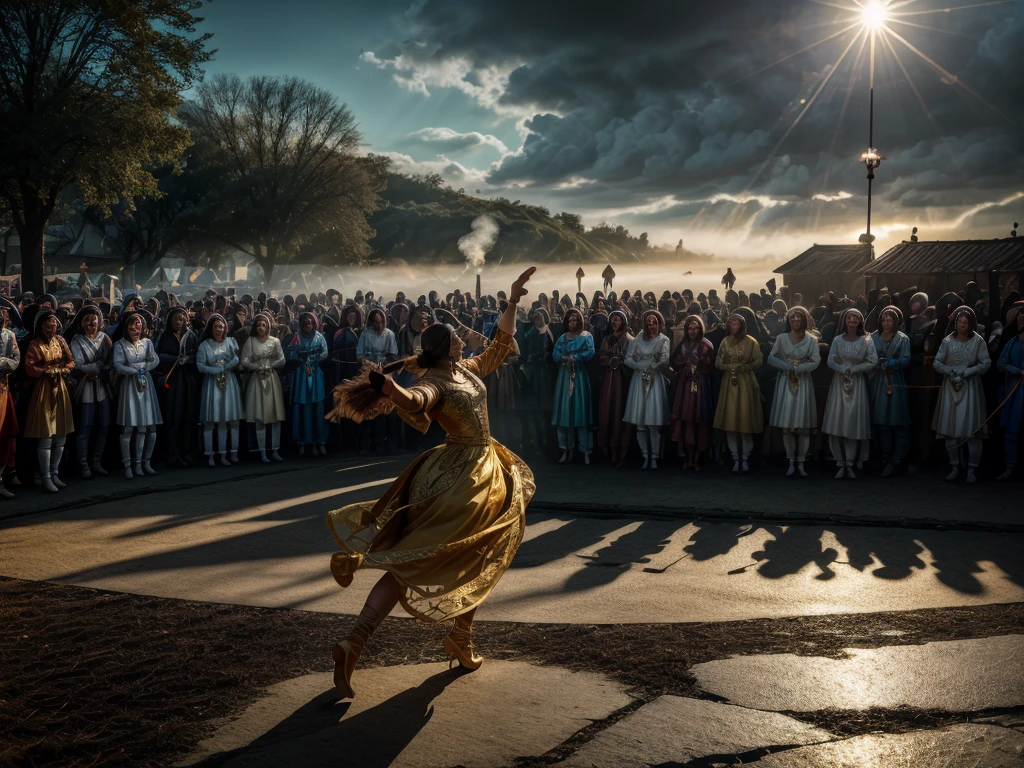 8k, elegant, majestic, digital photography, ((masterpiece)), sidelighting, hdr,  vibrant abstraction of a medieval festival, dynamic dancers twirl amidst a sea of vivid, (highly detailed face:1.5), swirling hues, evoking joy and movement. Realistic hands. [The character is surrounded by mist, evoking a mysterious and eerie atmosphere. The lighting is dark and atmospheric, with smoke adding a touch of sinister ambiance. Best quality image, HDR enhancement, showcasing the utmost level of detail and realism, full body shot:1.5]. [8K, Best Quality, Ultra High Resolution, (highly detailed CG unity 8k wallpaper), (best photo), (best shadows), isometric 3D, octane rendering, ray tracing, highly detailed, (Best quality, 4K, 8k:1.2), absurdity, ultra detailed, (realistic, photorealistic, photorealistic:1.37), complex parts, HDR, (complex parts:1.12), (hyper detailed, hyper realistic, Soft lighting, spicy:1.2), (complex parts, Hyper detailed:1.15). Blurred foreground. (backlit), masterpiece, high quality, brightness, chromatic aberration, foggy smoke, shadows, contrast, clear sky, (warm hue, warm tone), high details, natural reflections]. (YES SFW)