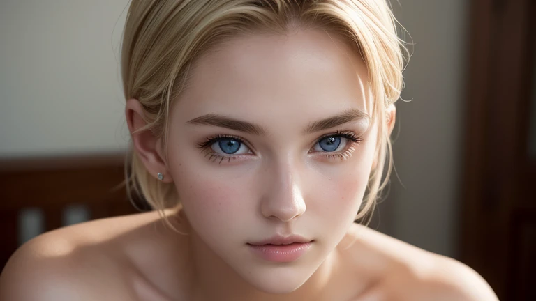 ((Highest quality)), ((Super Resolution)), ((Realistic)), (Intricate details), 1, Blonde, Perfect Face, build:1.5, Light on the face, Facial details, nude, Short hair,