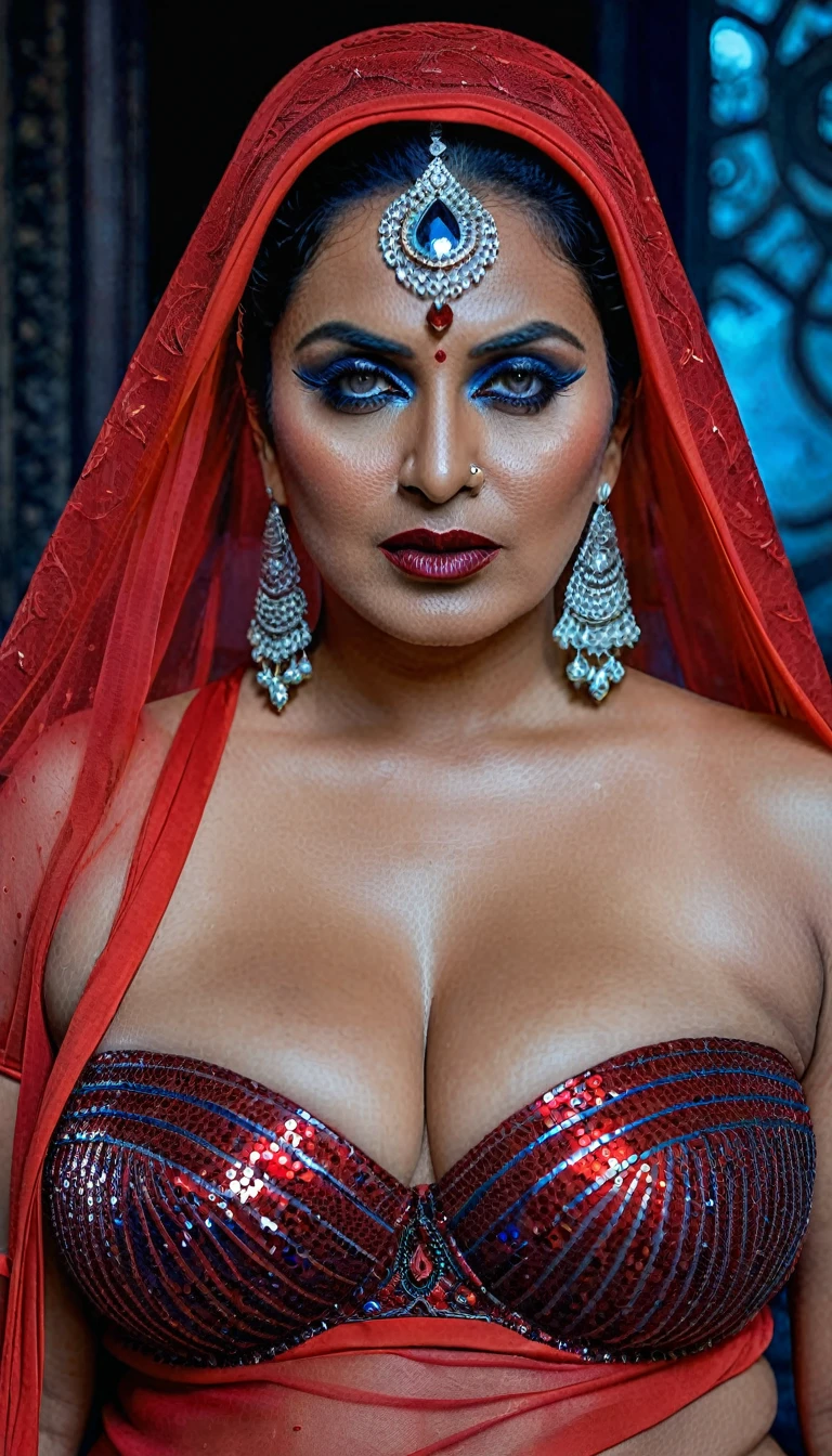 Sieht aus wie Roopa Ganguly, Full body Closeup shot, Große mollige Tante, milF, Puma Dame Hexe, horny Gothic milF,  70 Jahre alte wunderschöne reife Dame, perverse Dämonin, demoness oF lust, kurvig, Schwarze Lippen, horny Face, extrem wunderschön, thick Figure, schwere Physik, üppig, kurvig, sexy Figure, Fashionable portrait oF androgynous alien looking witch wearing veil, glühende Augen, Futuristic design, minimale Details, Givenchy, Fotorealistisch, 200mm, hd, F/ 2.0, sehr detailliert, surreal, sexy beautiFul evil woman, sexy, auffällige Pailletten-Sari mit trägerlosem BH, Sex, Vampir, horror genre, blutrünstige Zauberin, powerFul Female spirit, unheimlich, tot umfallen, in the style oF red and blue, (komplizierte Details, hyperdetailliert:1.15) (Hauttextur:1.2), dunkler, stimmungsvoller Ton, filmische Beleuchtung, Spukhaus im Hintergrund, 