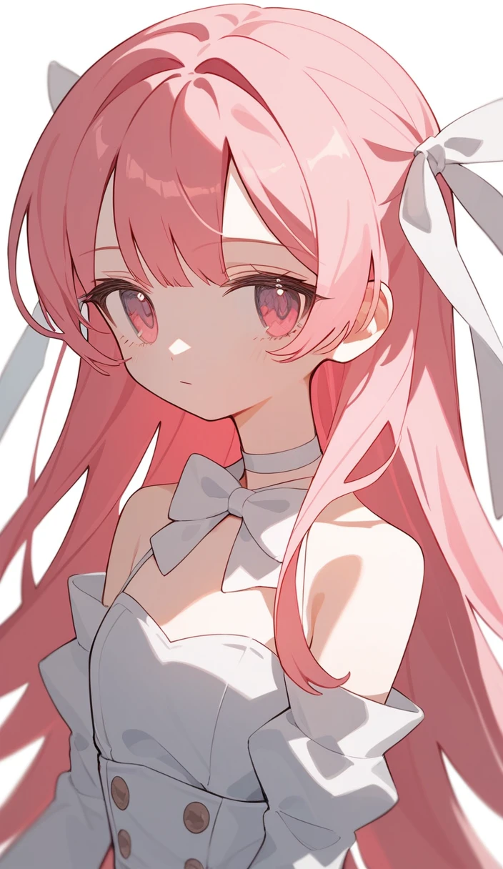 1girl,solo,long hair,pink hair,detached sleeves,bangs,simple background,looking at viewer,upper body,ribbon,bow,bowtie,closed mouth,very long hair,white ribbon,white bow,hair ribbon,pink eyes,choker,bare shoulders,white sleeves,sleeveless,score_9,score_8_up,score_7_up,Expressiveh,rating_safe,(masterpiece, best quality)