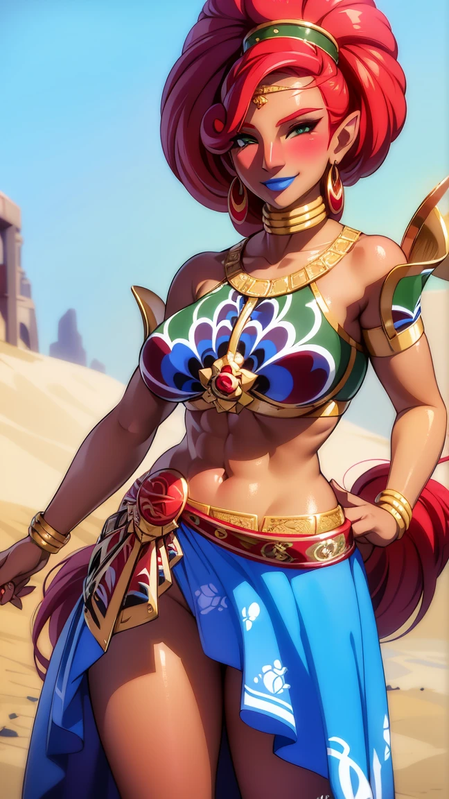 best quality, high resolution, large breasts, red hair, blush, smile, cowboy shot, looking at viewer, Urbosa, blue lip, muscular,