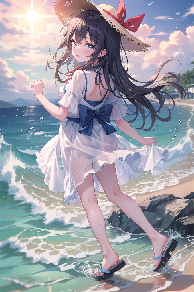 (8k, best quality, master piece: 1.2),super high resolution,1 girl, 独奏, ((colorshift eyes, hyperdetailed, expressive eyes)), ultra-detailed face, random hair, random color, Ecstatic expression, Back view, Girl walking on the beach at sunset。Having fun getting your feet wet at the beach。Marine style dress、Straw hat、Sandals with ribbon、Grains of Light、Splash、