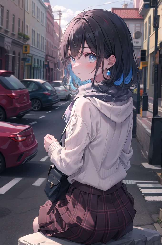 (8k, best quality, master piece: 1.2),super high resolution,1 girl, 独奏, ((colorshift eyes, hyperdetailed, expressive eyes)), ultra-detailed face, random hair, random color, Ecstatic expression, Back view, A girl sitting alone in a street corner cafe。I can see her thinking about something from behind。tight knit sweater、skirt、A scarf that hangs from the back。