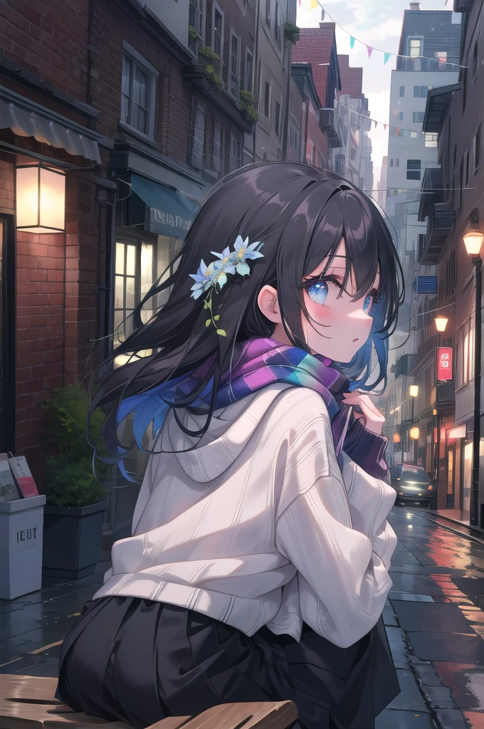 (8k, best quality, master piece: 1.2),super high resolution,1 girl, 独奏, ((colorshift eyes, hyperdetailed, expressive eyes)), ultra-detailed face, random hair, random color, Ecstatic expression, Back view, A girl sitting alone in a street corner cafe。I can see her thinking about something from behind。tight knit sweater、skirt、A scarf that hangs from the back。