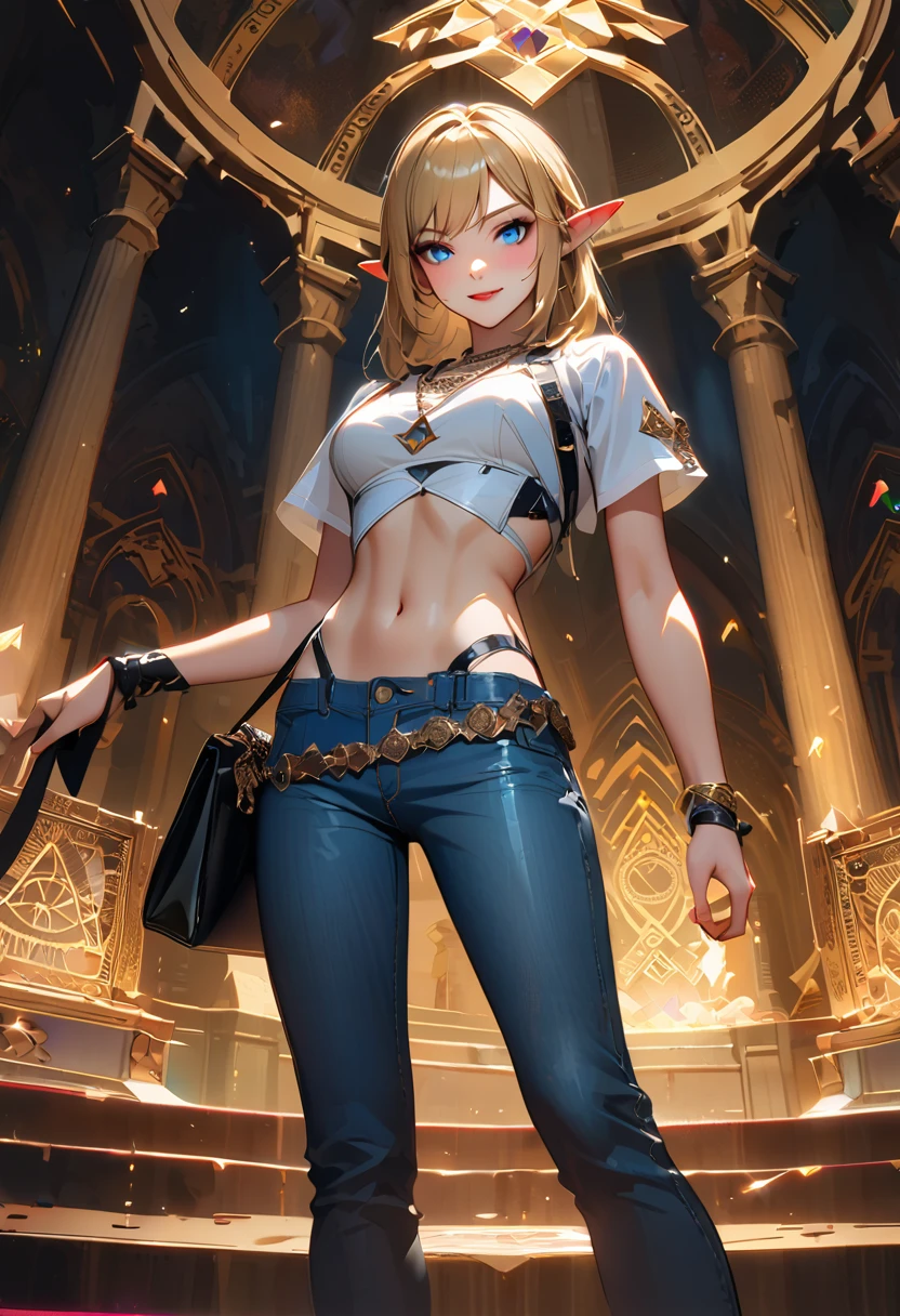 divine light,(young),linkxl,,thin,tall,blonde hair,pointy ears,blue eyes,black lips,eye shadow,blush,makeup,(confident and mean:1.1),smile,chest binder,luxurious necklaces,school outfit,navel,jeans,triforce,surrounded by magic, purse handbag, standing, night, solo, on an altar, magic circle, dark background, from below,