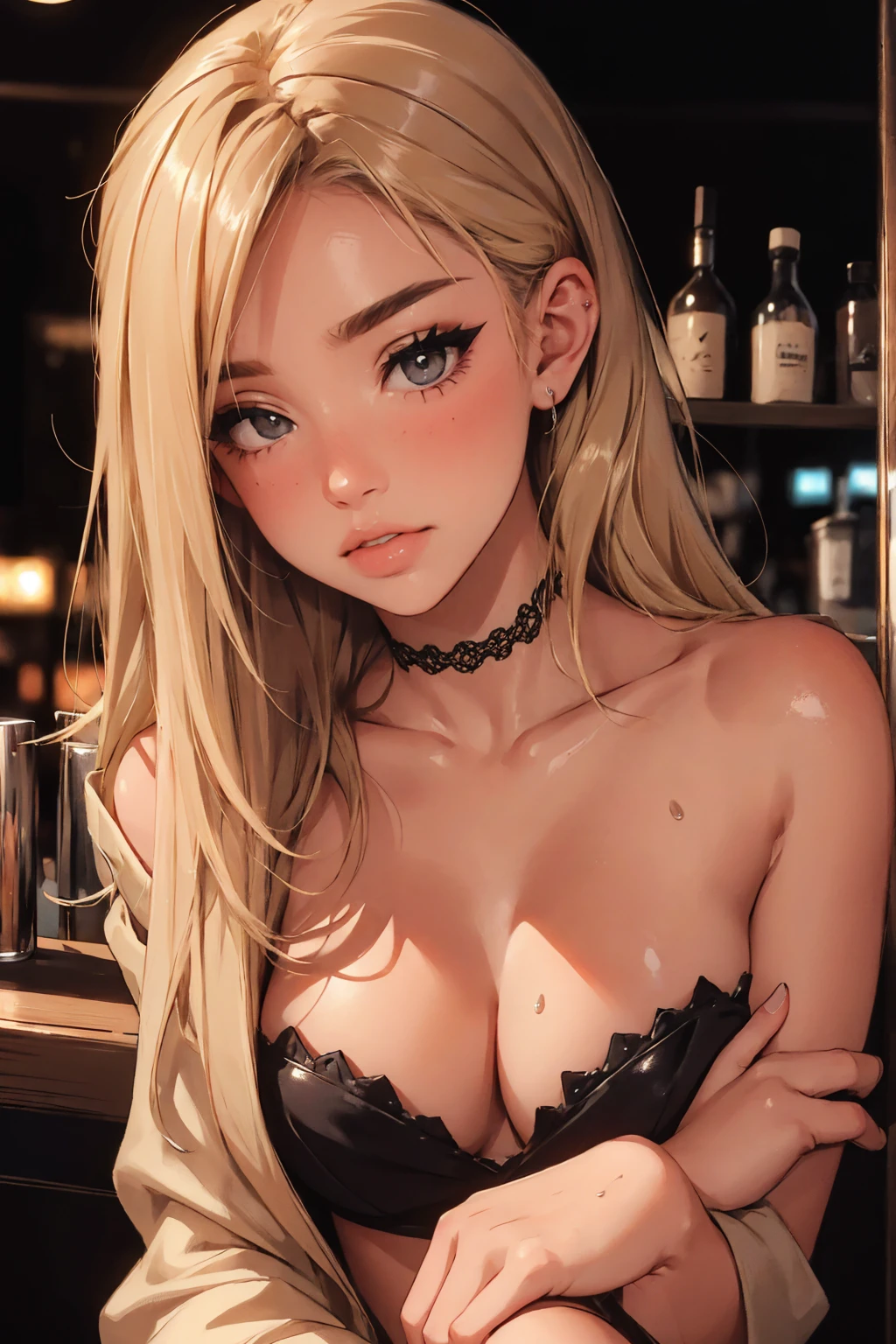 girl at a nightclub sitting at bar, eyeliner (masterpiece) (best quality) (detailed) (8k) (HDR) (wallpaper) (cinematic lighting) (sharp focus) (intricate) blonde hair, biting lip, medium hair, slutty outfit, sexy, blush, aroused, cleavage, shiny , wet skin, girl, dark makeup 