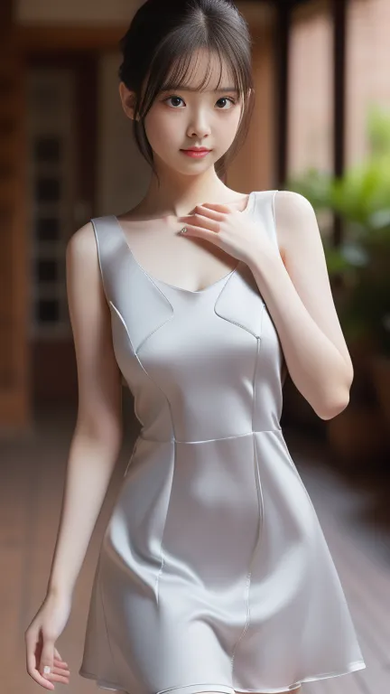 (Cover your chest with your hands : 1.1), (Slim fit hip dress:1.5), (Extremely detailed CG 8k wallpaper), (Extremely delicate an...