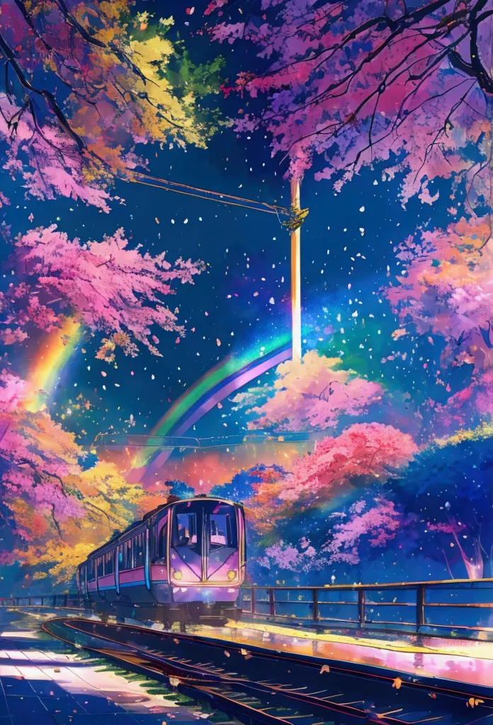 a linear motor car running on rainbow-colored tracks，colorful，beautiful flower，wonderful景色，utopia，an atmosphere full of dreams a...