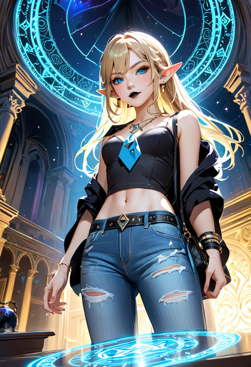 divine light,(young),linkxl,,thin,tall,blonde hair,pointy ears,blue eyes,black lips,eye shadow,blush,makeup,(confident and mean:1.1),smile,chest binder,luxurious necklaces,school outfit,navel,jeans,triforce,surrounded by magic, purse handbag, standing, night, solo, on an altar, magic circle, dark background, from below,