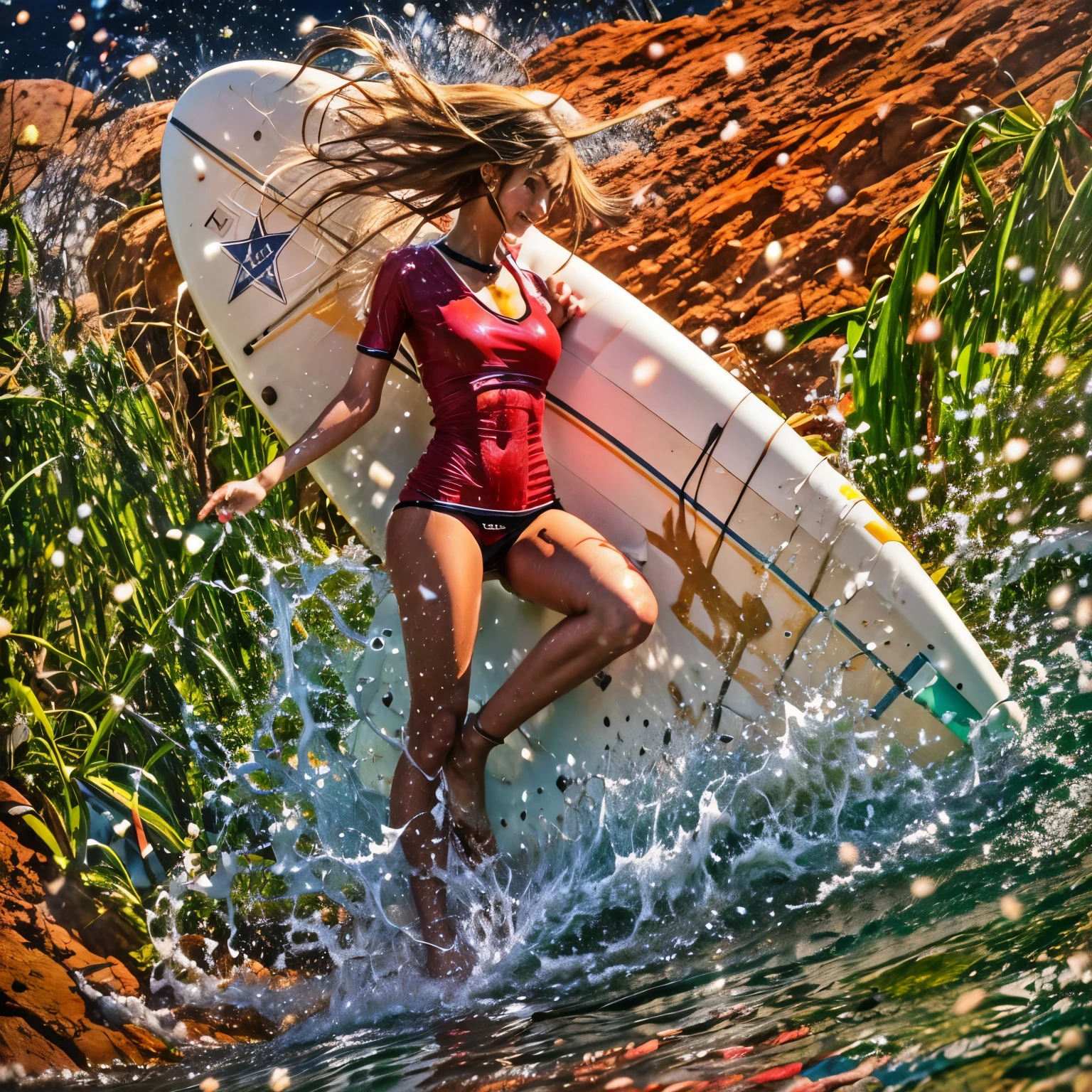 (ZoomedOut:1.28, Wide-shot) ZoomLayer (Epic photo of surfer magazine:1.37). (Full of Water, Everything Wetted:1.4) WetHair (extremely detailed Cute Girl in RED)(SparklingHighlights:1.28), Dynamic Joyful Expressions LifeLike Rendering (ManoErina:1.0) . Overflowing Gigantic Sideboob (Clearly Visible Beautiful Breast to Buttocks Line) Tiny and Roundly Butt, Detailed wet clothing texture, (Sloppy Surfboard:-1.2) Riding on waves, Sparkling water, TyndallEffect(Starry Water Particles:1.32), Whole Body proportions and all limbs are anatomically accurate