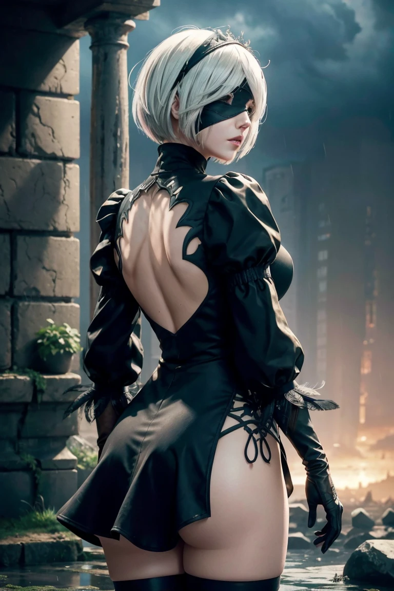 2B Nier Automata,Bobcut, Gray Hair,Long sleeve, Juliet Sleeve, White gloves, turtleneck, bangs, Feather ornament, Feather ornament sleeves, Blindfold, Black Goth Dress,Beautiful back view,Japanese Ultra HD,super high quality,masterpiece,Digital SLR,Photorealistic,Detailed details,Vivid details,Depicted in detail,A detailed face,Detailed details,Super Detail,Realistic skin texture,Anatomical basis,Perfect Anatomy,Anatomically correct hand,Anatomically correct fingers,Complex 3D rendering,Sexy pose,Rainy Sky,Beautiful scenery,Fantastic rainy sky,Fantasy worldview,Beautiful night sky,Picturesque,Pink Lips,Black butterfly々Fluttering,A ruined world,A devastated battlefield,ruins,