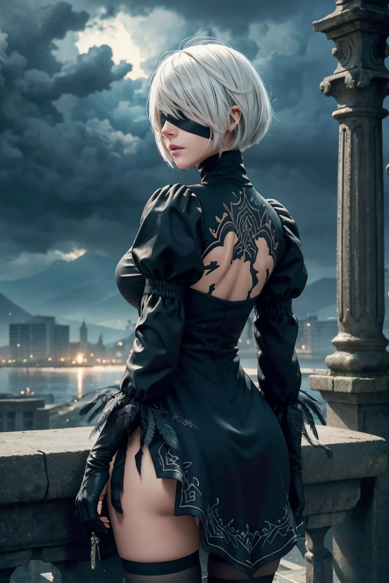 2B Nier Automata,Bobcut, Gray Hair,Long sleeve, Juliet Sleeve, White gloves, turtleneck, bangs, Feather ornament, Feather ornament sleeves, Blindfold, Black Goth Dress,Beautiful back view,Japanese Ultra HD,super high quality,masterpiece,Digital SLR,Photorealistic,Detailed details,Vivid details,Depicted in detail,A detailed face,Detailed details,Super Detail,Realistic skin texture,Anatomical basis,Perfect Anatomy,Anatomically correct hand,Anatomically correct fingers,Complex 3D rendering,Sexy pose,Rainy Sky,Beautiful scenery,Fantastic rainy sky,Fantasy worldview,Beautiful night sky,Picturesque,Pink Lips,Black butterfly々Fluttering,A ruined world,A devastated battlefield,ruins,