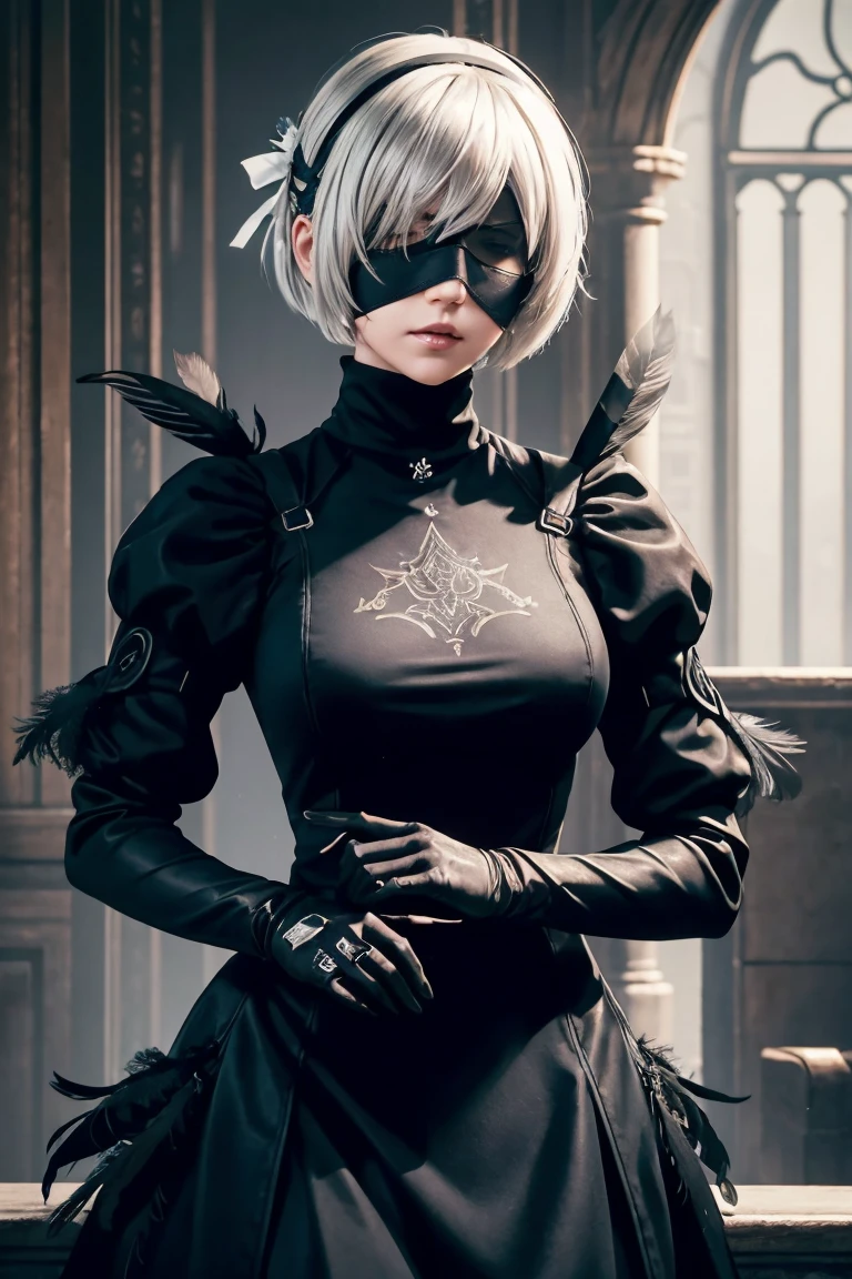 2B Nier Automata,Bobcut, Gray Hair,Long sleeve, Juliet Sleeve, White gloves, turtleneck, bangs, Feather ornament, Feather ornament sleeves, Blindfold, Black Goth Dress,Bird&#39;s-eye view,Japanese Ultra HD,super high quality,masterpiece,Digital SLR,Photorealistic,Detailed details,Vivid details,Depicted in detail,A detailed face,Detailed details,Super Detail,Realistic skin texture,Anatomical basis,Perfect Anatomy,Anatomically correct hand,Anatomically correct fingers,Complex 3D rendering,Sexy pose,Rainy Sky,Beautiful scenery,Fantastic rainy sky,Fantasy worldview,Beautiful night sky,Picturesque,Pink Lips,Black butterfly々Fluttering,A ruined world,A devastated battlefield,ruins,