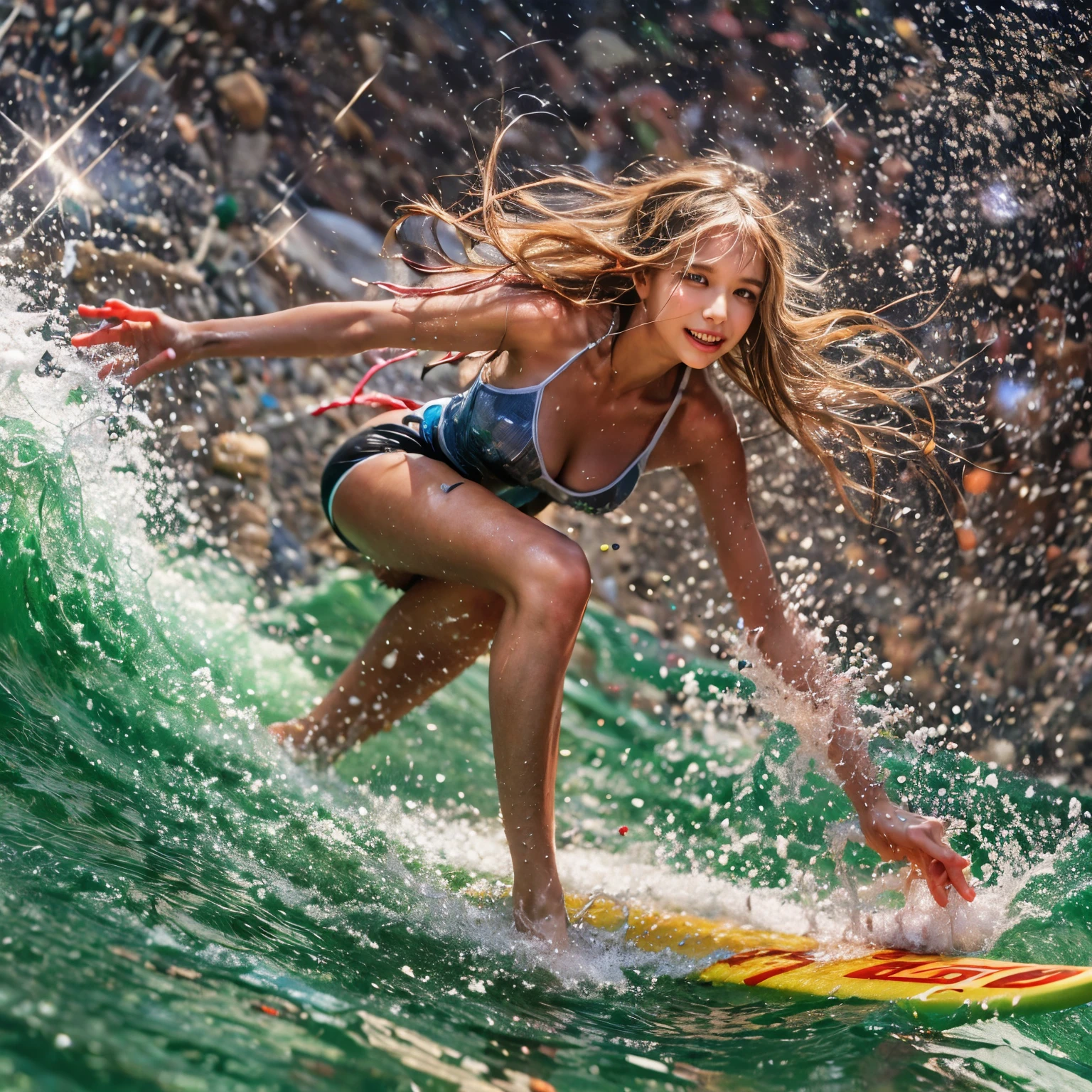 (ZoomedOut:1.28, Wide-shot) ZoomLayer (Epic photo of surfer magazine:1.37). (Full of Water, Everything Wetted:1.4) WetHair (extremely detailed Cute Girl in RED)(SparklingHighlights:1.28), Dynamic Joyful Expressions LifeLike Rendering (ManoErina:1.0) . Overflowing Gigantic Sideboob (Clearly Visible Beautiful Breast to Buttocks Line) Tiny and Roundly Butt, Detailed wet clothing texture, (Sloppy Surfboard:-1.2) Riding on waves, Sparkling water, TyndallEffect(Starry Water Particles:1.32), Whole Body proportions and all limbs are anatomically accurate