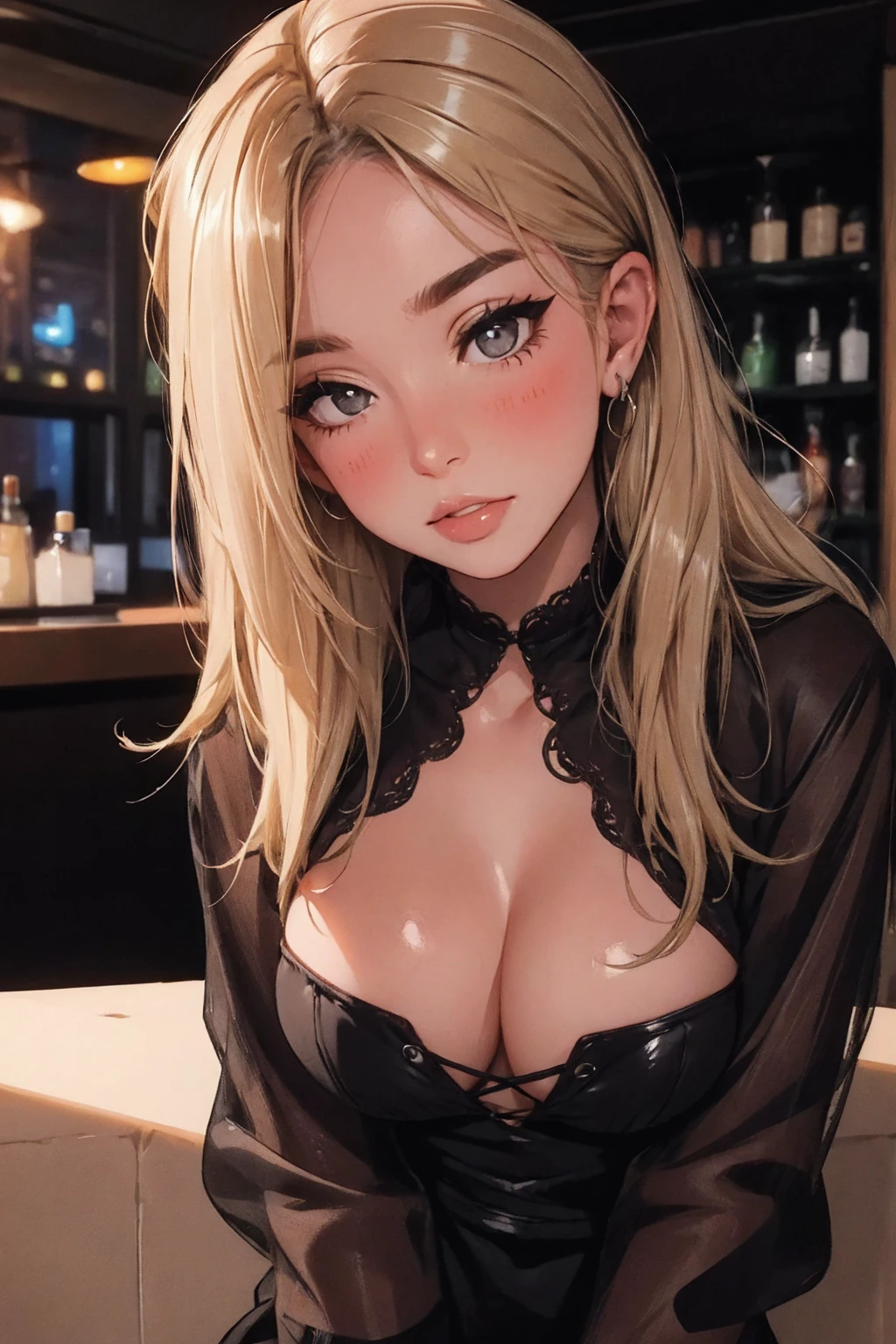 girl at a nightclub sitting at bar, eyeliner (masterpiece) (best quality) (detailed) (8k) (HDR) (wallpaper) (cinematic lighting) (sharp focus) (intricate) wavy blonde hair, biting lip, medium hair, slutty outfit, sexy, blush, aroused, cleavage, shiny , wet skin, girl, dark makeup, acting flirty, tucking hair behind ear