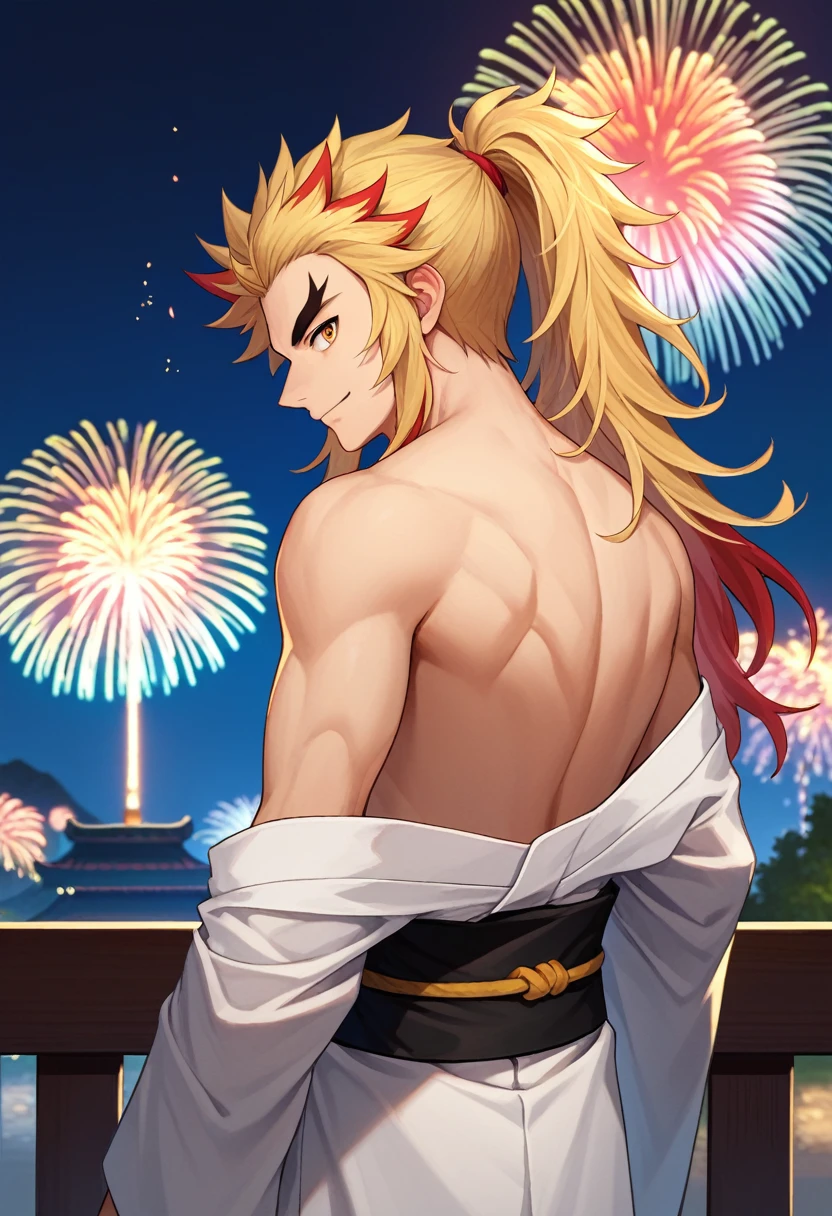 ((best quality)), ((masterpiece)), (detailed), Cowboy shot, solo, male focus, Rengoku Kyojuro, looking a viewer, Long hair, high ponytail, source_anime, from behind, solo, male focus, 1boy, rengoku kyojuro, smile, looking back, long hair, forked eyebrows, white kimono, off shoulder, black sash, bare shoulders, fireworks