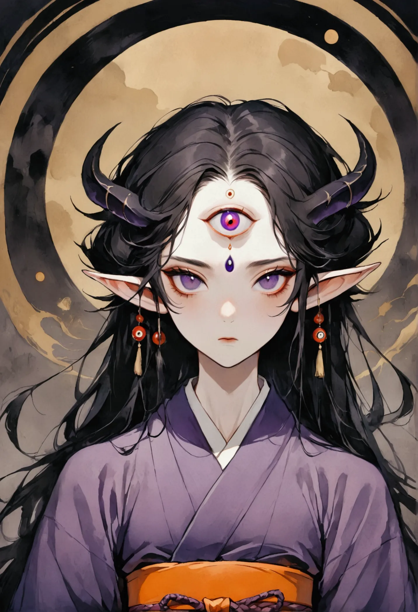 art illustration，dark style，(((1 boy，solo，the third eye on the forehead，elf ears))),(((gorgeous japanese purple kimono：1.6，eye))...