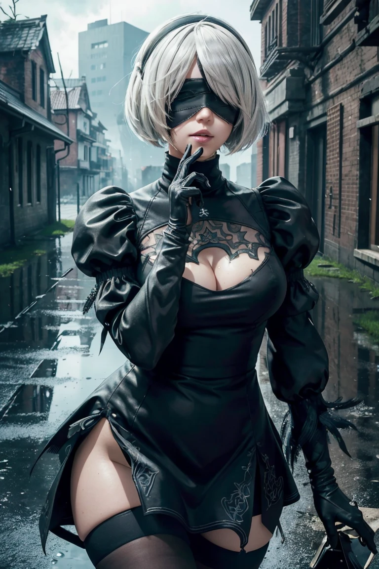 2B Nier Automata,Bobcut, Gray Hair,Long sleeve, Juliet Sleeve, White gloves, turtleneck, bangs, Feather ornament, Feather ornament sleeves, Blindfold, Black Goth Dress,Japanese Ultra HD,super high quality,masterpiece,Digital SLR,Photorealistic,Detailed details,Vivid details,Depicted in detail,A detailed face,Detailed details,Super Detail,Realistic skin texture,Anatomical basis,Perfect Anatomy,Anatomically correct hand,Anatomically correct fingers,Complex 3D rendering,Sexy pose,Rainy Sky,Beautiful scenery,Fantastic rainy sky,Fantasy worldview,Beautiful night sky,Picturesque,Pink Lips,Black butterfly々Fluttering,A ruined world,A devastated battlefield,ruins,